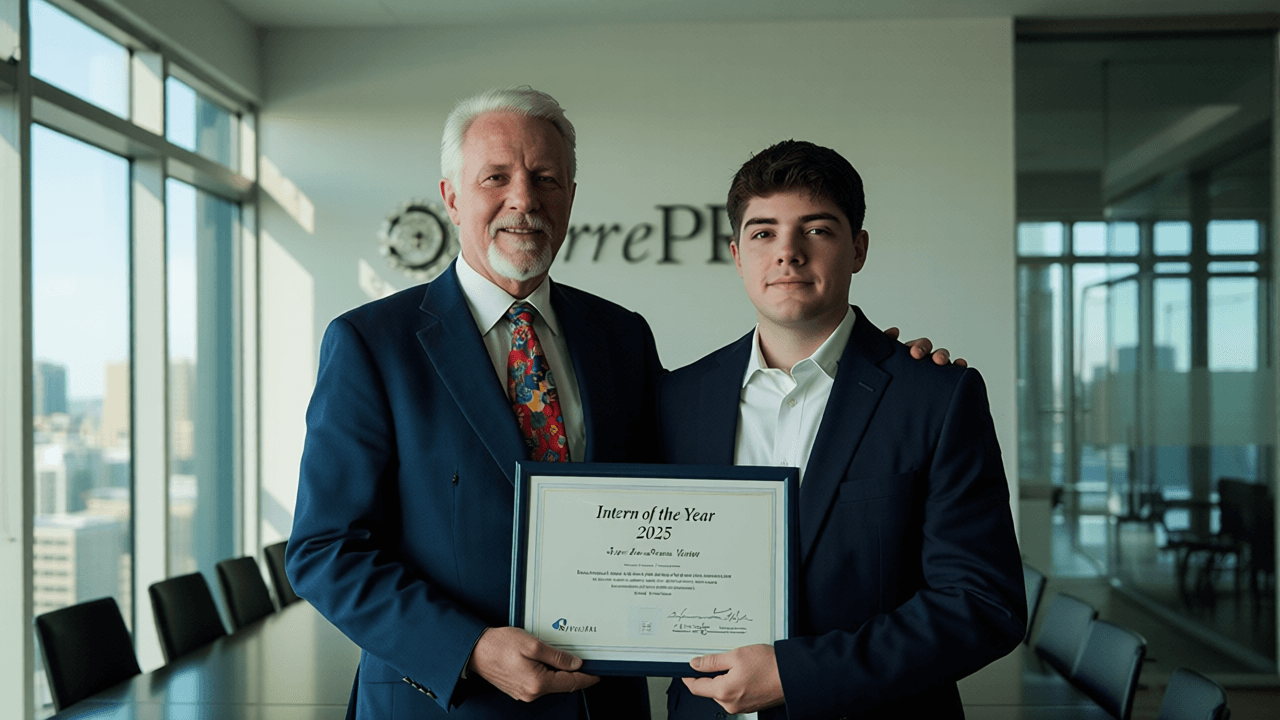Hunter Carnley receives Intern of the Year award from Peter Pierre